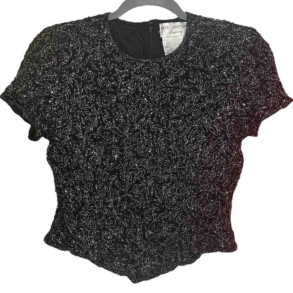 Vintage Papell Boutique Evening 100% Silk Beaded Blouse Size PS